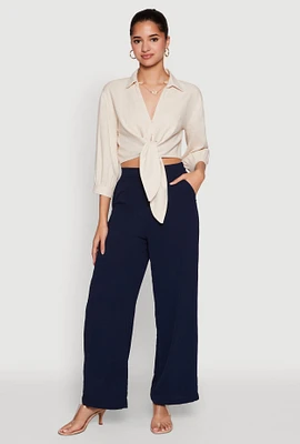 Womens Haute Monde Linen Tie Front Crop Top, Beige, Size S