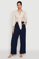 Womens Haute Monde Linen Tie Front Crop Top, Beige, Size S