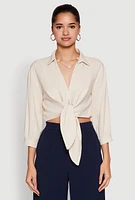 Womens Haute Monde Linen Tie Front Crop Top, Beige, Size S