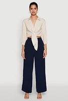 Womens Haute Monde Linen Tie Front Crop Top, Beige, Size S