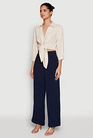 Womens Haute Monde Linen Tie Front Crop Top, Beige, Size S