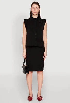 Womens Cap Sleeve Button Front Shirt, Black, Size L