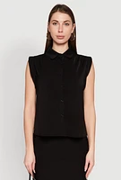 Womens Cap Sleeve Button Front Shirt, Black, Size L