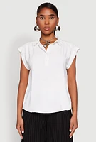 Womens Cap Sleeve Button Front Shirt, White, Size L