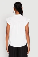 Womens Cap Sleeve Button Front Shirt, White, Size L