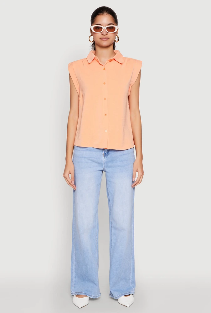 Womens Cap Sleeve Button Front Shirt,