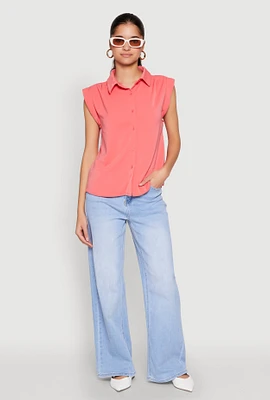 Womens Cap Sleeve Button Front Shirt, Pink, Size S