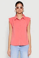 Womens Cap Sleeve Button Front Shirt, Pink, Size S