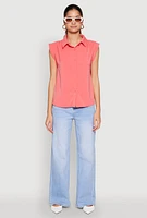 Womens Cap Sleeve Button Front Shirt, Pink, Size S