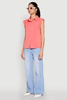 Womens Cap Sleeve Button Front Shirt, Pink, Size S