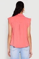 Womens Cap Sleeve Button Front Shirt, Pink, Size S