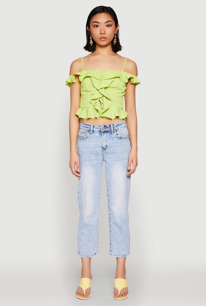 Womens Iris Ruffled Cold Shoulder Crop Top, Green, Size S