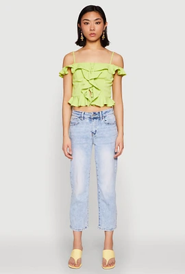 Womens Iris Ruffled Cold Shoulder Crop Top, Green, Size S