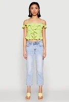 Womens Iris Ruffled Cold Shoulder Crop Top, Green, Size S