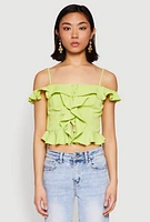 Womens Iris Ruffled Cold Shoulder Crop Top, Green, Size S