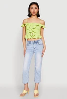 Womens Iris Ruffled Cold Shoulder Crop Top, Green, Size S