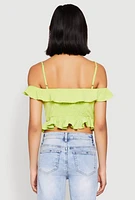 Womens Iris Ruffled Cold Shoulder Crop Top, Green, Size S