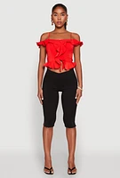 Womens Iris Ruffled Cold Shoulder Crop Top, Red, Size S