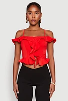 Womens Iris Ruffled Cold Shoulder Crop Top, Red, Size S
