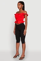 Womens Iris Ruffled Cold Shoulder Crop Top, Red, Size S