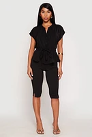 Womens Iris Crepe Knit Drawstring Waist Blouse,