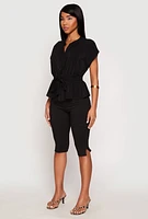 Womens Iris Crepe Knit Drawstring Waist Blouse, Black, Size L