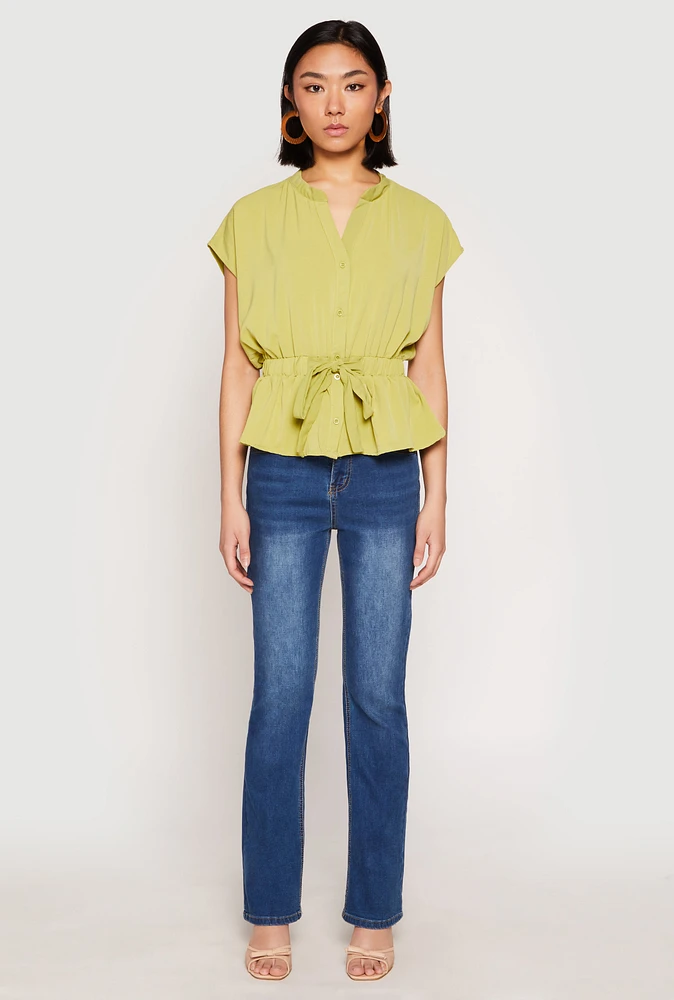 Womens Iris Crepe Knit Drawstring Waist Blouse, Green, Size S