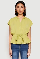 Womens Iris Crepe Knit Drawstring Waist Blouse, Green, Size S