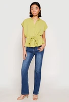 Womens Iris Crepe Knit Drawstring Waist Blouse, Green, Size S