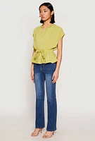 Womens Iris Crepe Knit Drawstring Waist Blouse, Green, Size S