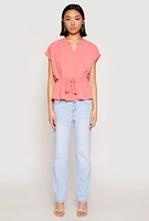 Womens Iris Crepe Knit Drawstring Waist Blouse, Pink, Size S