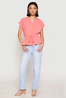 Womens Iris Crepe Knit Drawstring Waist Blouse, Pink, Size S