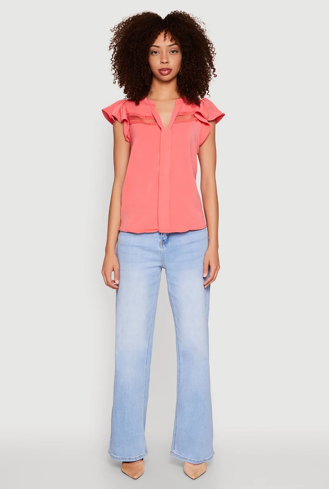 Womens Iris Crepe Knit Flutter Sleeve Blouse, Pink, Size S