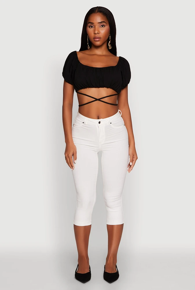 Womens Ruched Tie Back Bubble Sleeve Crop Top, Black, Size S