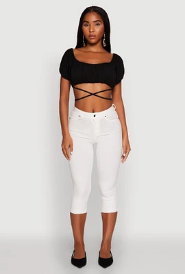 Womens Ruched Tie Back Bubble Sleeve Crop Top, Black, Size S