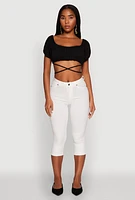 Womens Ruched Tie Back Bubble Sleeve Crop Top, Black, Size S