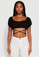 Womens Ruched Tie Back Bubble Sleeve Crop Top, Black, Size S