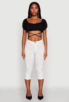 Womens Ruched Tie Back Bubble Sleeve Crop Top, Black, Size S