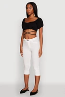 Womens Ruched Tie Back Bubble Sleeve Crop Top, Black, Size S