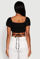 Womens Ruched Tie Back Bubble Sleeve Crop Top, Black, Size S