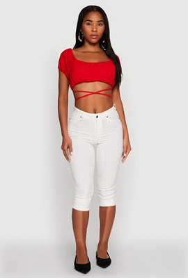 Womens Ruched Tie Back Bubble Sleeve Crop Top, L
