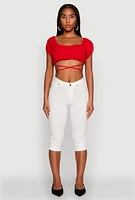 Womens Ruched Tie Back Bubble Sleeve Crop Top, L