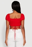 Womens Ruched Tie Back Bubble Sleeve Crop Top, L