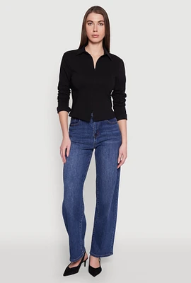 Womens Iris Double Zip Front Collared Blouse, Black, Size L