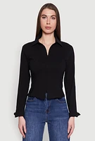 Womens Iris Double Zip Front Collared Blouse, Black, Size L