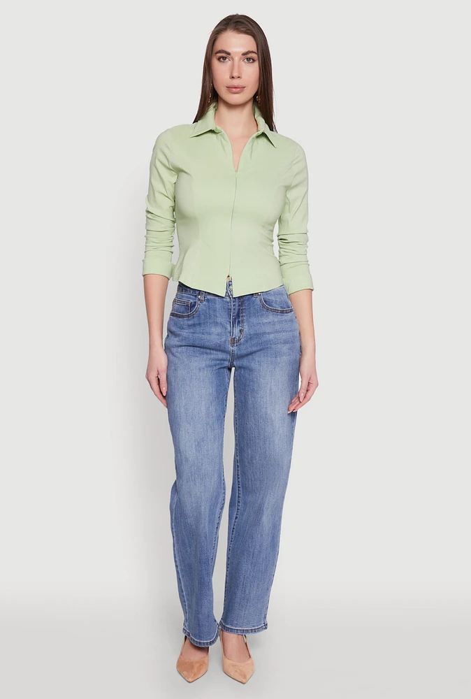 Womens Iris Double Zip Front Collared Blouse, Green, Size M