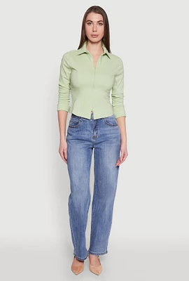 Womens Iris Double Zip Front Collared Blouse, Green, Size M