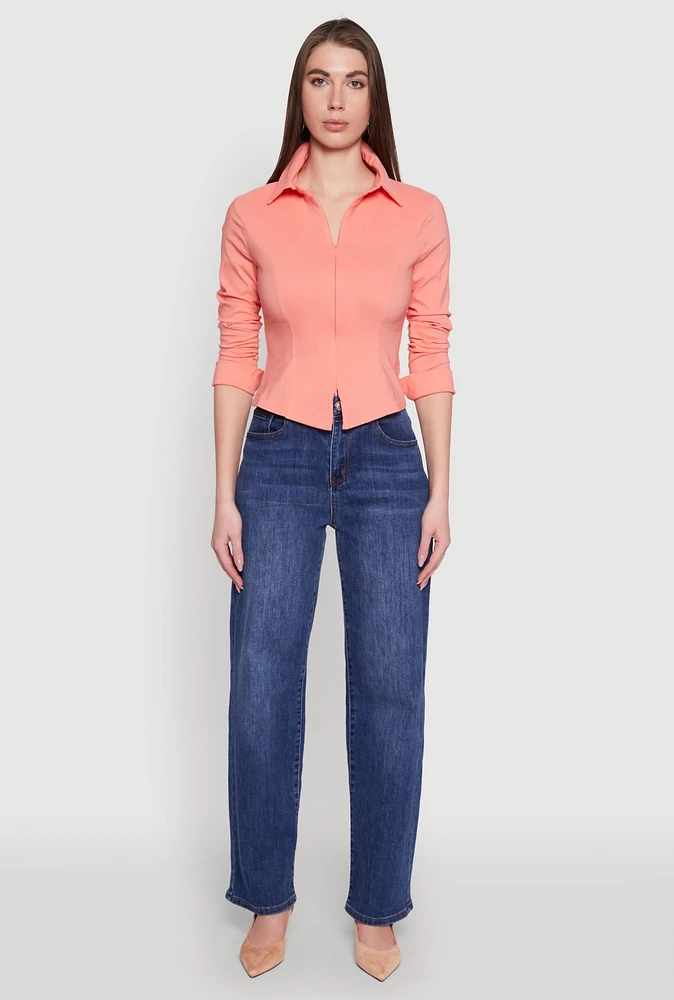 Womens Iris Double Zip Front Collared Blouse, Orange,
