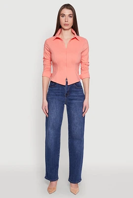 Womens Iris Double Zip Front Collared Blouse, Orange,