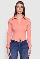 Womens Iris Double Zip Front Collared Blouse, Orange,